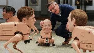 Billionaires turned AI dogs: Robot dogs with Elon Musk, Jeff Bezos and Mark Zuckerberg faces roam a Berlin museum |