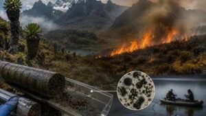 In 2012, a wildfire scorched 42 sq km of the Rwenzori alpine zone; lake cores showed it was the first large-scale fire there in 12,000 years, with charcoal jumping over 100-fold
