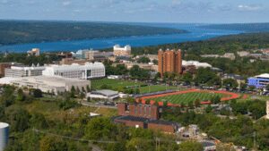 In 2000, Cornell began pulling 39°F water from 250 feet below Cayuga Lake to cool its campus; the system now cuts cooling energy use by about 85%
