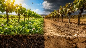 A Spanish vineyard has gone more than 20 years without irrigation or pesticides; its cover-cropped topsoil now has over twice the organic matter of nearby tilled soil