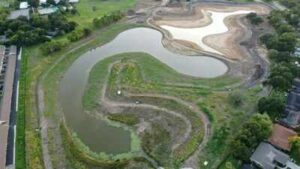 Texas turned an abandoned golf course into a 200-acre flood-control landscape; while still unfinished during Hurricane Harvey it held 100 million gallons of water